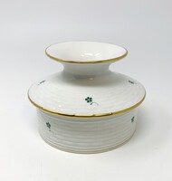 Herendi jelzett zöld apró virágmintás porcelán bonbonier, fedeles tálka kosárfonatos struktúrával RZ