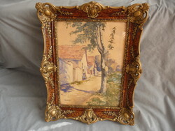Old painting watercolor in a beautiful frame Bereczk Károly (1877-1919) watercolor village street detail circa 1900
