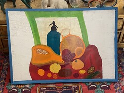 SZÓDÁSÜVEG, SÜTŐTÖK, ASZTALI GYÜMÖLCS CSENDÉLET, MODERN OLAJ VÁSZON FESTMÉNY 97 X 66 CM