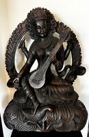 Antique Saraswati (Szaraszvati) Hindu Goddess, Carved Wooden Statue!