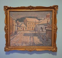 Nincs minimum ár!  Orosz László (1928-2000) festőművész,  Téli utcakép. Olaj/vászon,  50x60cm+keret!
