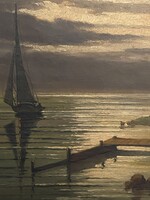 MESTERHÁZY DÉNES (1900-1949) BALATONI MÓLÓ, VITORLÁS HAJÓVAL, JELZETT TÁJKÉP FESTMÉNY EREDETI KERETB