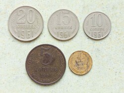 Szovjetunió Oroszország 5 db Különböző Érme 1 5 10 15 20 Kopejka Kopek 1961-1987