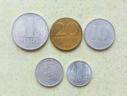 Németország NDK 5 db Különböző Érme 1 5 10 20 Pfennig 1 Márka 1968-1977