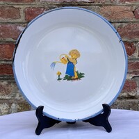 Régi retro Bonyhádi zománcos kertész locsoló kisfiú mintás - tál - zománcozott tányér - tálca