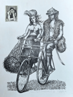 Vén Zoltán: Dávid és Judith kibicikliznek - modern grafika, kortárs művész (aláírt rézkarc)