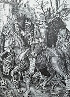 Gácsi Mihály: Lovag, halál, ördög - rézkarc Dürer stílusában (aláírt grafika)