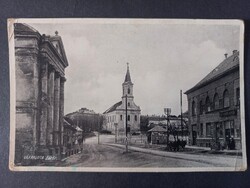 Régi képeslap Várpalota, Főtér, templom, zsinagóga  1933 Menyhárt János Várpalota