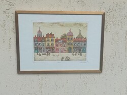 Molnár Gabriella színes, vidám rézkarca UTca