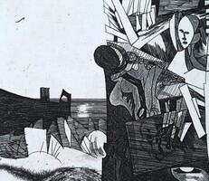 Lenkey Zoltán: Bárka - jelzett, modern grafika (aláírt rézkarc) miskolci művész