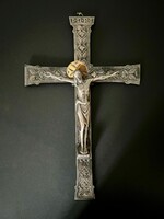 Monumentális francia neogótikus feszület – ezüstözött bronz, aranyozott glória – Placide Poussielgue