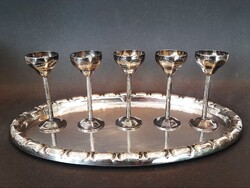 Antik art deco ezüstözött réz tálca + 5 db. talpas kupica