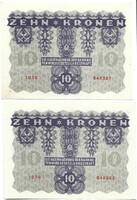 2 x 10 kronen korona 1922 Ausztria Sorszámkövető pár. UNC