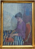 Somos Miklós (1933 - 2009) Asztalnál Ülő Lány c.Képcsarnokos olajfestménye EREDETI GARANCIÁVAL !!