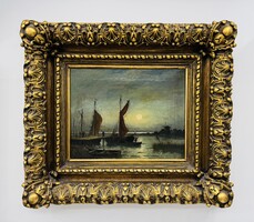Karl Kaufmann - (1843-1902) - Austrian Landscape and Sailboats Depicting Moonlit Seashore