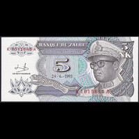 Zaire 5 Makuta 1993 P-48 UNC