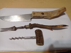 3 pcs Horn Antler Kitchen Tools Set - Vintage Fork, Corkscrew, Damaged Knife with Sharp Blade