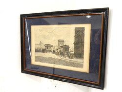 Antik paszpartus keretezett litográfia / falikép ( Budapesti utcajelenet 1894 )