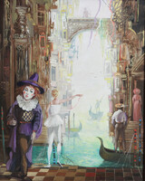 Herpai Zoltán (1951-2011) Komédiások Velencében 50x40cm | Balerina Karnevál Gondola