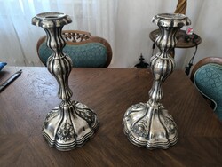 Antique Biedermeier Rococo Vienna-style pink rose silver-like candle holder pair with decorative pattern, stamped Vienna