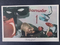 Régi rajzos képeslap Boldog Újévet! 1959 szerencsemalac
