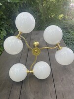 Art Deco / Bauhaus réz 6 karos csillár fehér búra - vintage design mid century lámpa
