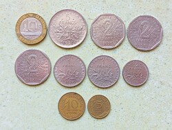 Franciaország 10 db Különböző Érme 5 10 Centimes 1/2 1 2 5 10 Frank Francs 1960-1991