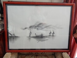 Y Black-and-White Ink Drawing or Charcoal Sketch Depicting a Quiet, Misty Sea or Lake Landscape.