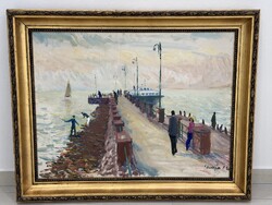 Demjén Attila Balaton waterfront sailboat in socialist realism painting