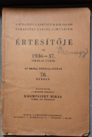 A M. Kir. Állami Berzsenyi Dániel Gimnázium értesítője/1936-37-os évről ,az iskola fennállás 78.éve