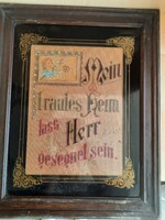 Antik német házi áldás (Haussegen) eredeti, díszes üvegkeretben (cca. 1900)