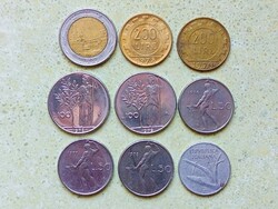 Olaszország 9 db Különböző Érme 10 50 100 200 500 Líra 1953-1984