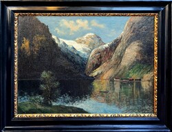 Monumental antique landscape: Fjord in evening light, possibly Karl Kaufmann? Scandinavian mountains, Chr. Norland