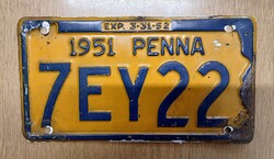 Régi USA rendszám rendszámtábla 1951-ből 7EY22 Pennsylvania Penna