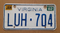 Régi USA amerikai rendszám rendszámtábla 1982-ből LUH-704 Virginia
