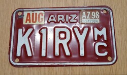 Régi USA motor motorkerékpár rendszám rendszámtábla 1998-ból K1RY MC Arizona