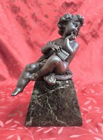 Auguste Moreau (1834-1917): Cherub with pan flute. 19th century. Excellent condition statue.