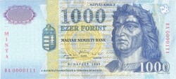 1000 forint 1999 MINTA alacsony sorszám "0000111" UNC