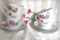 Vintage rózsamintás vékony porcelán teáscsésze szett – 5 csésze + 7 alátét, Made in China
