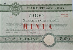 1991. Kárpótlási jegy 5000 Ft. MINTA Ritka