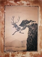 1901. Kuzmányi G. Jenő festőművész : VADÁSZJELENET - GRAFIKA - SZAKADÉKBA ZUHANÓ SZARVAS ÉS KUTYA