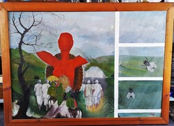 Angyal Zoltán Gyula (1950.-) nagyméretű szürrealista olaj - vászon festmény, 1984.