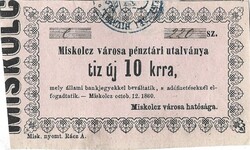 10 új krajczár krajcár kreuzer Miskolcz városa pénztári utalványa 1860 Miskolc 3. aUNC