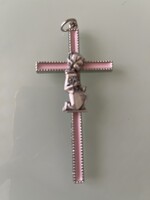 Very beautiful metal cross decorated with pink enamel, marked.