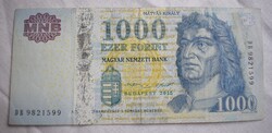 Ezer Forint , 2015 , használt állapot , 2018-ban kivont magyar bankjegy , 1000 , DB9821599 papírpénz