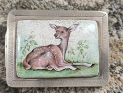 Porcelán Kézifeatett Őzike festmény Ezüst doboz pipere tükrös púder doboz