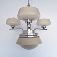 Art deco 3 karos - 4 égős nikkelezett csillár felújítva - krémszínű ernyők és búra