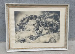 Szőlőt evő puttók,régi szénrajz