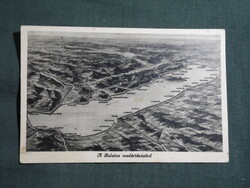 Képeslap,Balaton,grafikai térképes,települések madártávlatból látkép,részlet,1940-
