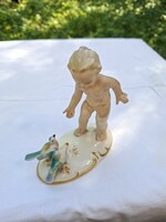 Antique Gräfenthal (Carl Scheidig) German porcelain figure – Little boy feeding birds (Marked, minor flaw)